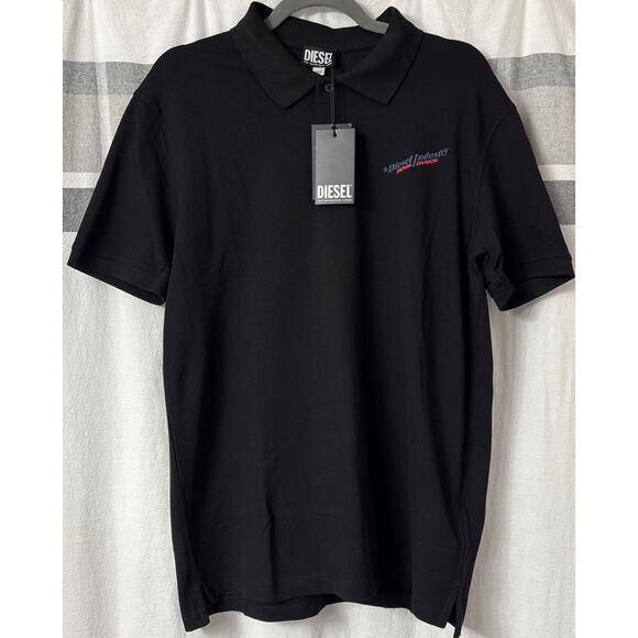 NWT Diesel Industry Mens Polo Shirt Black XL Denim Division Logo $125 Cotton - Picture 2 of 13